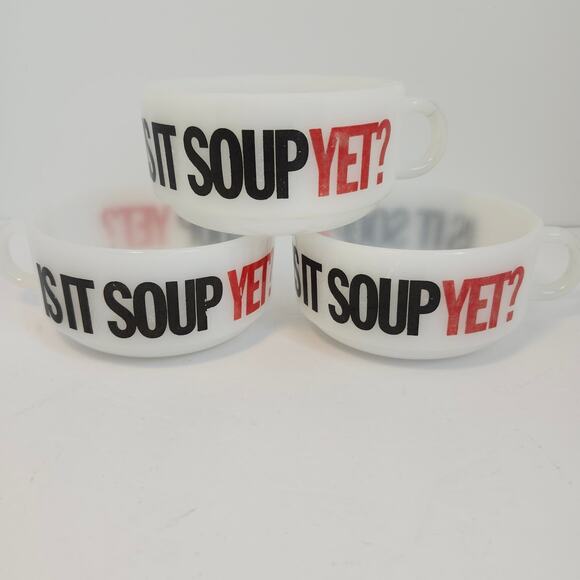 Glasbake Milk Glass Soup Bowl *Is It Soup Yet?* Handle J-2711 Set Of 3 Mugs - Picture 1 of 15